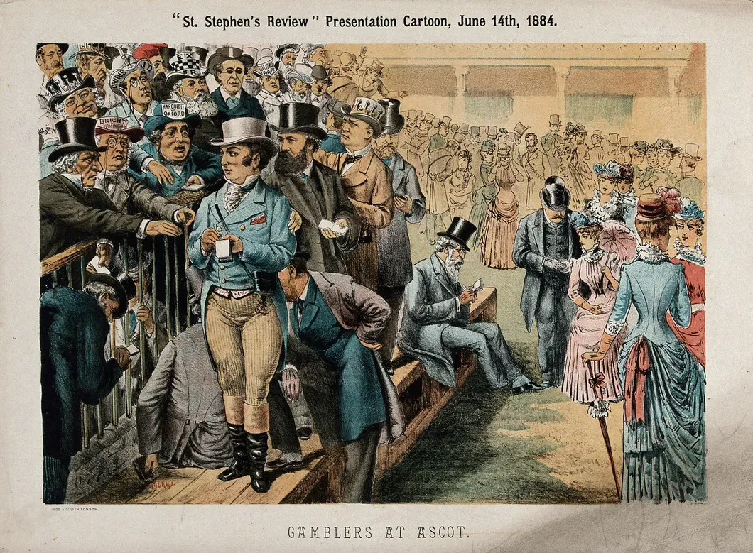 Victorian cartoon from 1884 showing a lively crowd of men and women betting and socialising at Royal Ascot, with bookmakers, racegoers in top hats, and period dress.