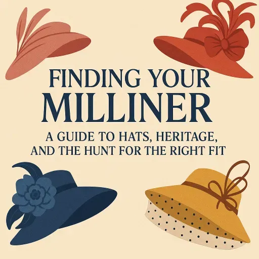 Illustration of four stylish women’s hats in various colours, promoting a guide to finding your perfect milliner for race day and special occasions.