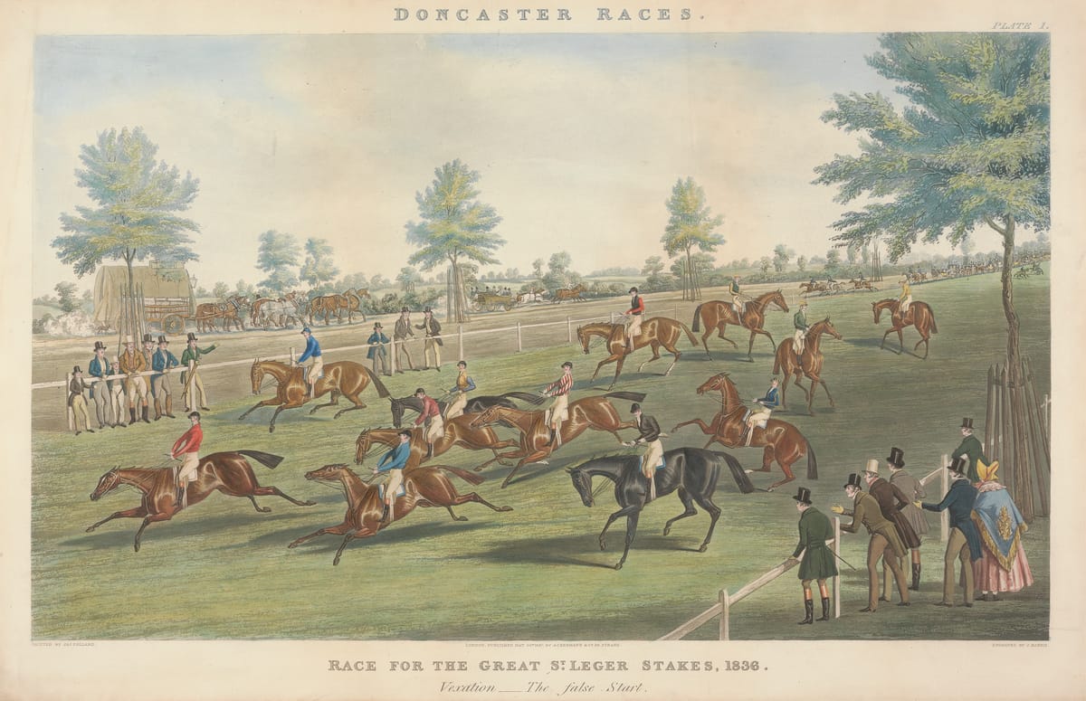 Historical print of the 1838 St Leger Stakes at Doncaster Racecourse showing horses and jockeys racing on the Town Moor with Victorian spectators watching from the rails