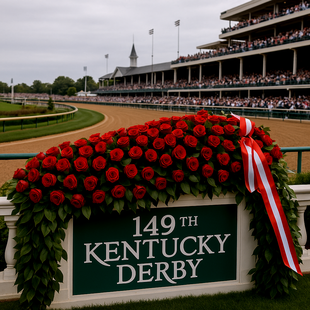 Garland of red roses draped over the 149th Kentucky Derby sign at Churchill Downs, with grandstand and Twin Spires in the background – Derby traditions.