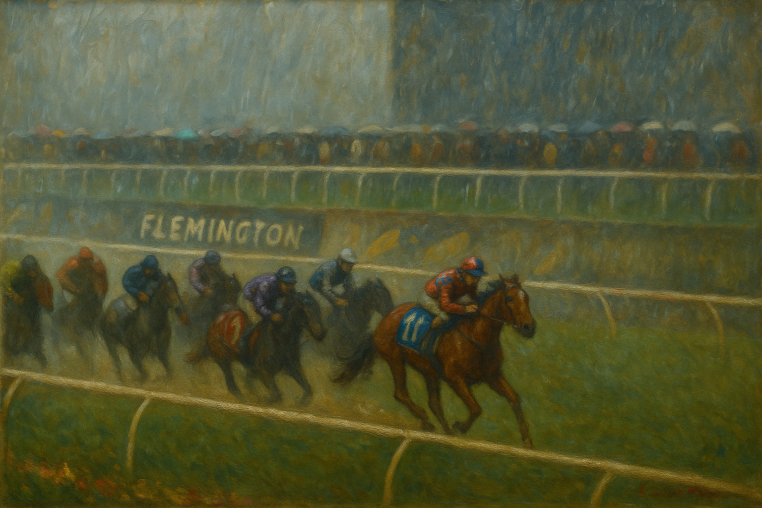 A richly textured digital oil painting depicting the Melbourne Cup horse race at Flemington in the rain, with jockeys and horses charging down the track as spectators under umbrellas..