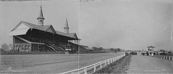Historic photograph of Churchill Downs grandstand and Twin Spires in 1901 – early architecture of the iconic Kentucky Derby racecourse in Louisville.
