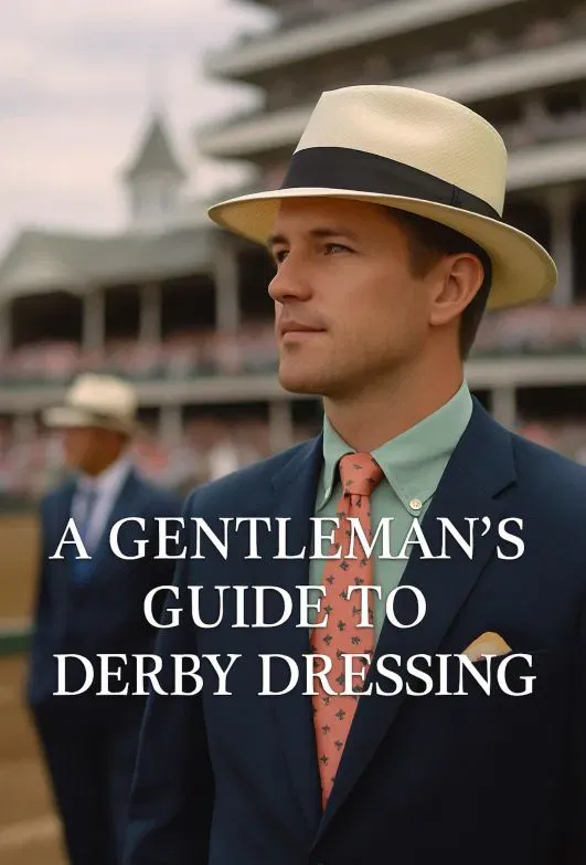 Stylish man in a navy suit, mint green shirt, coral tie, and Panama hat at Churchill Downs, with “A Gentleman’s Guide to Derby Dressing” text overlay.