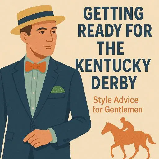 Illustration of a man in a blue suit, bow tie, and boater hat with the text “Getting Ready for the Kentucky Derby – Style Advice for Gentlemen” and a horse graphic.