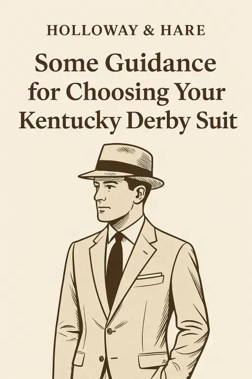 Vintage-style illustration of a man in a classic light-colored suit and fedora hat, style guide for choosing a Kentucky Derby suit — Holloway & Hare.