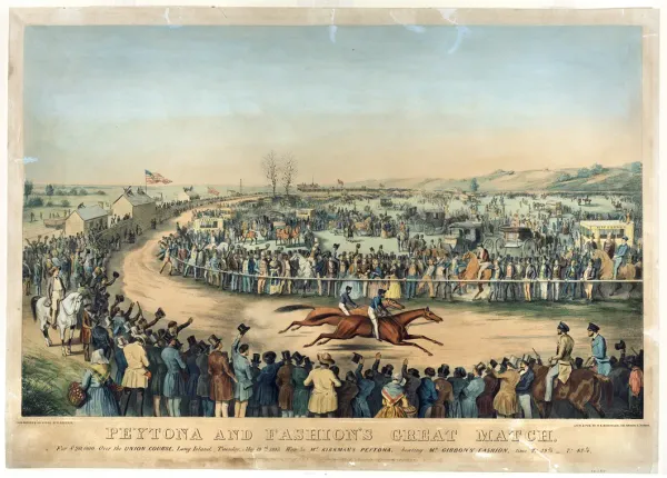 19th-century illustration of Peytona and Fashion’s Great Match horse race at Union Course, Long Island, with large crowds and carriages – early American horse racing history.