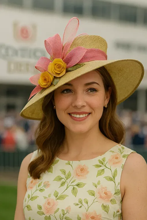 Smiling woman in a floral dress and wide-brimmed Derby hat with yellow roses and pink ribbon, attending the Kentucky Derby.