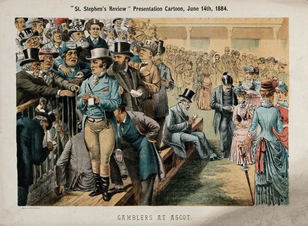 Victorian cartoon from 1884 showing a lively crowd of men and women betting and socialising at Royal Ascot, with bookmakers, racegoers in top hats, and period dress.
