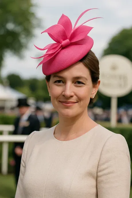 Woman in a cream dress wearing a bright pink sculpted fascinator hat at Royal Ascot, showcasing classic race day style.