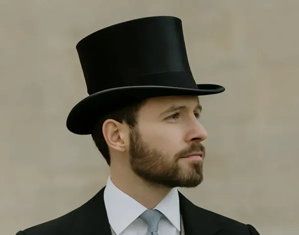 Man in a classic black silk top hat and morning dress, suitable for the Royal Enclosure at Royal Ascot.