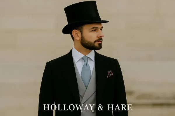 Man in classic morning dress with top hat, light grey waistcoat, and pale blue tie – Royal Ascot style for the Royal Enclosure.