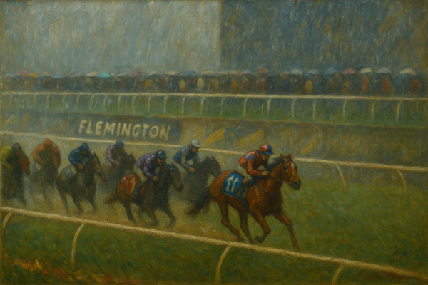 A richly textured digital oil painting depicting the Melbourne Cup horse race at Flemington in the rain, with jockeys and horses charging down the track as spectators under umbrellas..