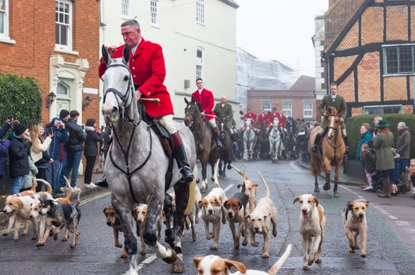 Boxing Day hunt meet in an English village street with hounds, mounted field in red coats, and spectators lining the road